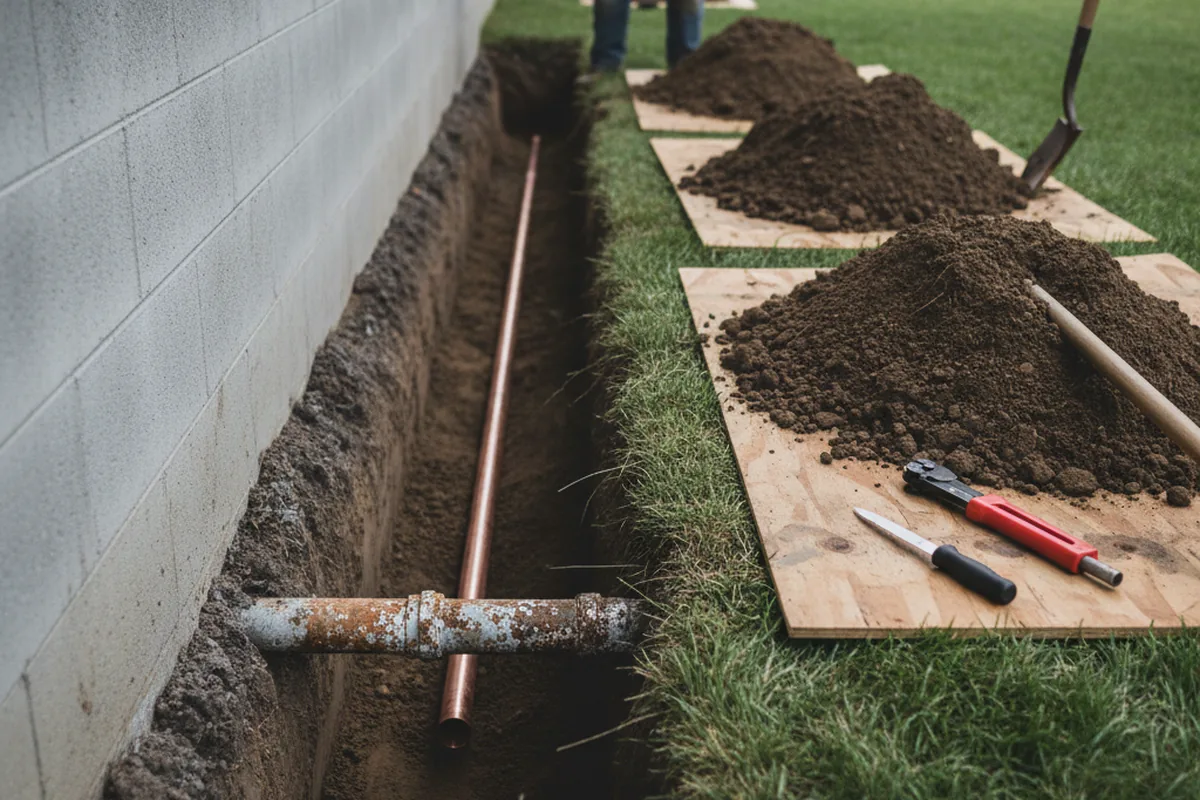 Excavated water line trench during Water Heater Repair in Lewisburg
